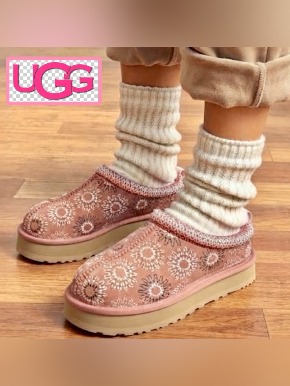 🆕 UGG tazz sun stitch detail platform clog slippers Horizon Pink Women 8